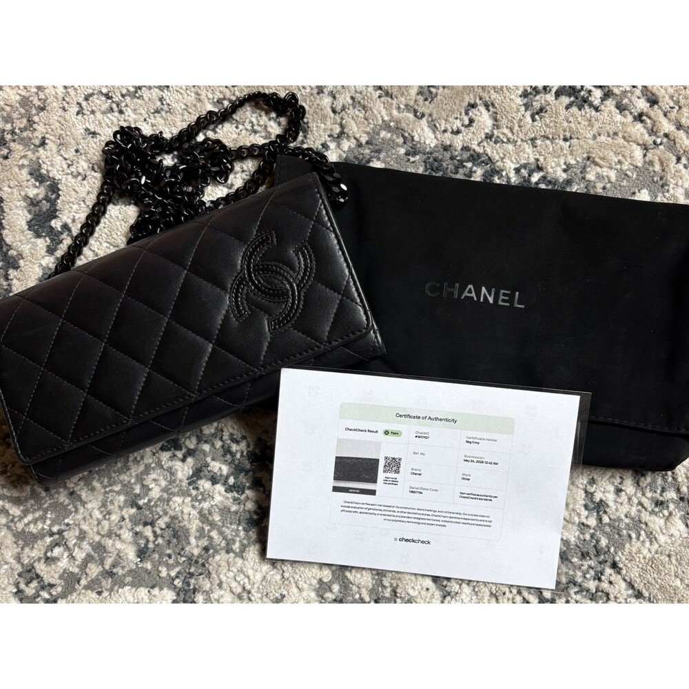Authentic Chanel Black Quilted Lambskin Wallet On Chain WOC Crossbody Matte